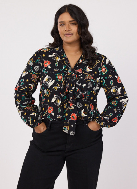Etoile Dark Magic Print Tie Neck Blouse