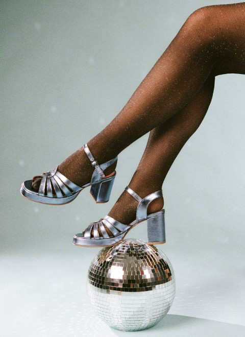 Montpellier Metallic Leather Platform Sandals - Blue - Model Side With Sparkly Tights On Disco Ball 