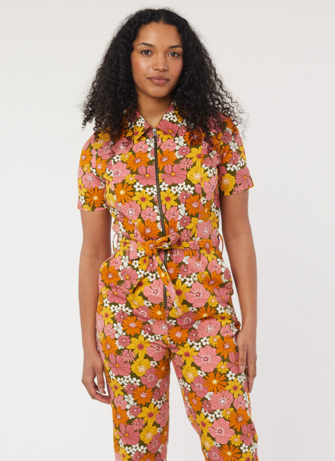 Mork Vintage Floral Print Short Sleeve Boilersuit - Model Front Black Boots