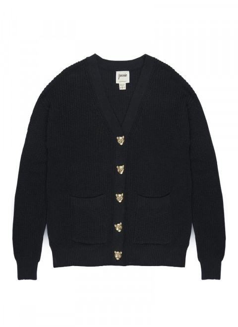 Piper Leopard Head Button Cardigan - Black - Model Front Blue Jeans
