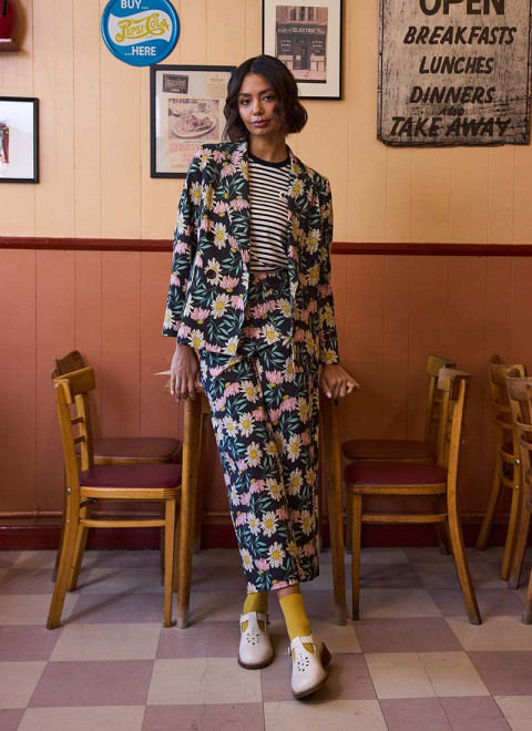 Pippa Daisy Print High Waist Trousers - Stevie Grow Your Own Way Slogan Tee - Model Front