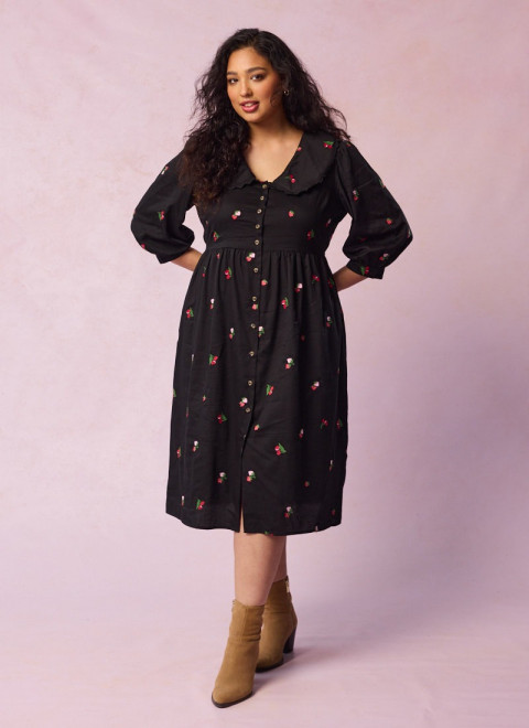 Rosanna Cherry Print Embroidered Peter Pan Collar Dress - Model Front Size 16
