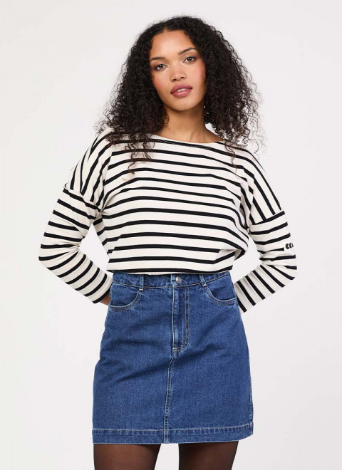 Mandy Mid Wash Denim A-Line Mini Skirt - Model Front Size 10 With Marsha Blouse