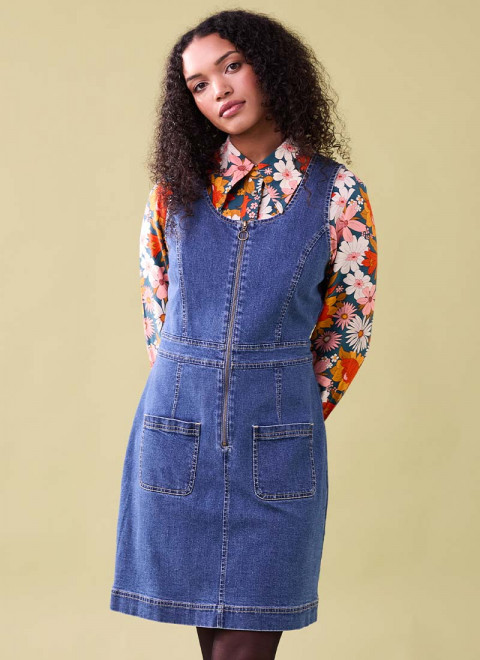 Mindy Mid Wash Denim Pinafore Dress - Model Front Size 16